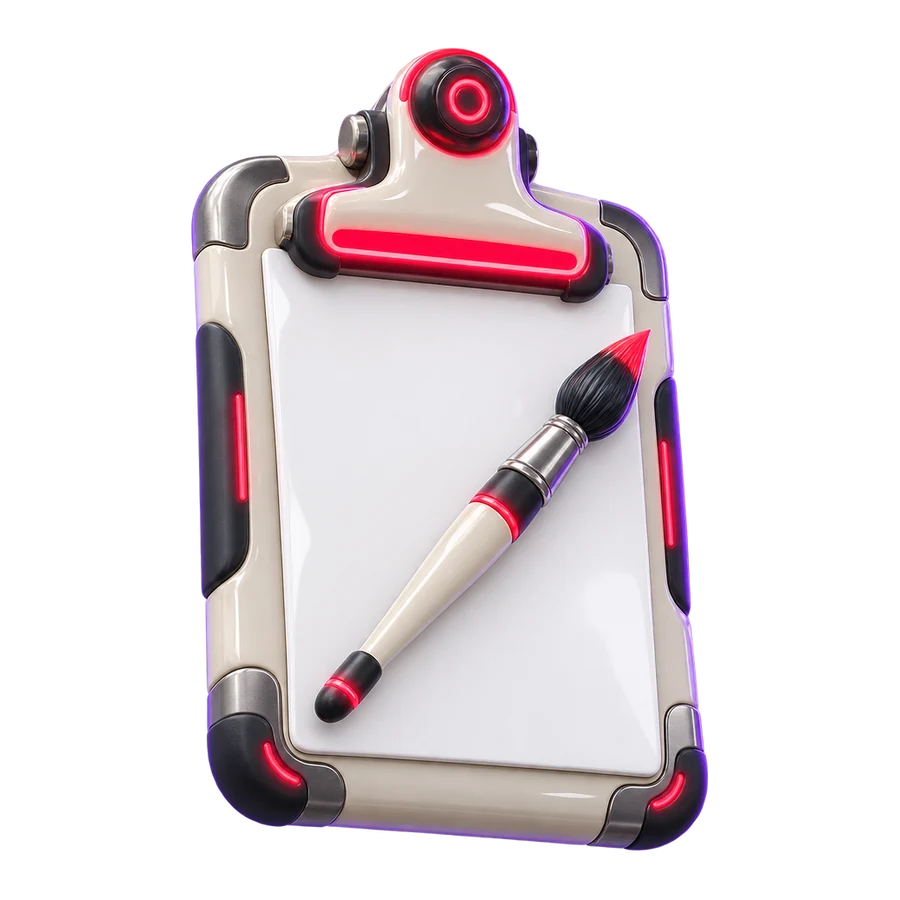 A porcelain clipboard with a glowing red clip and a paintbrush