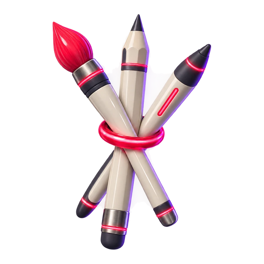 A paintbrush, a pencil and a stylus bound by a glowing red ring